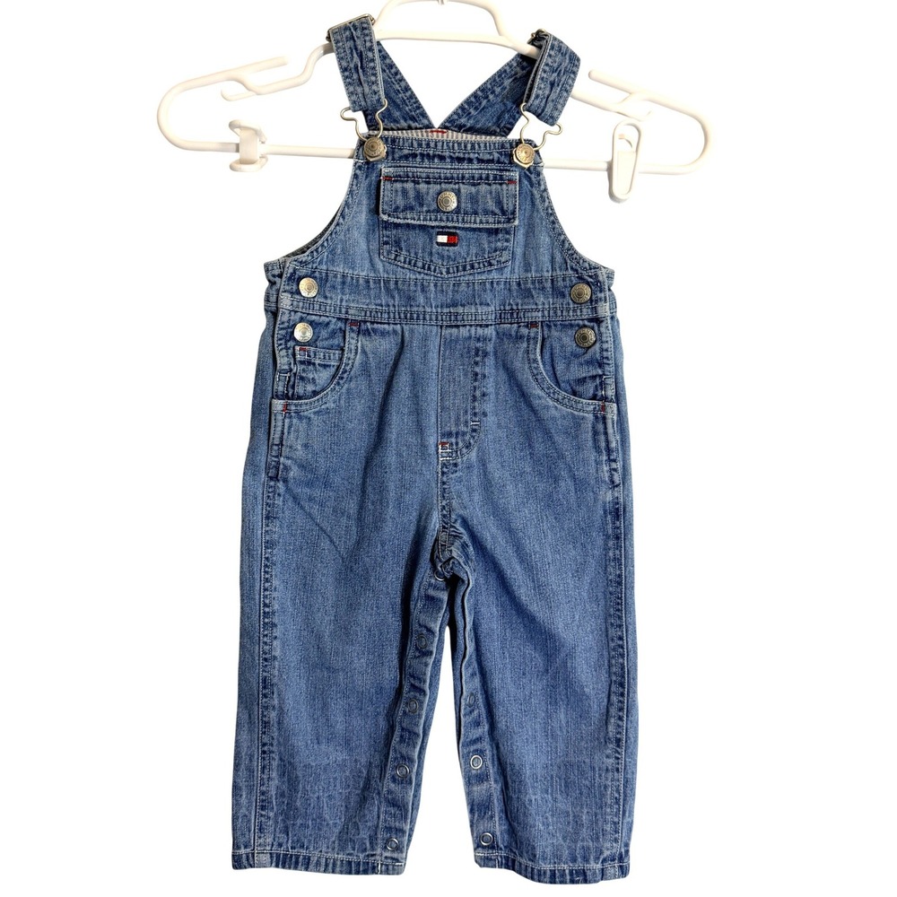Tommy Hilfiger Vintage Kids Denim Overalls Medium Wash Blue‎ 6-12M Flag Logo